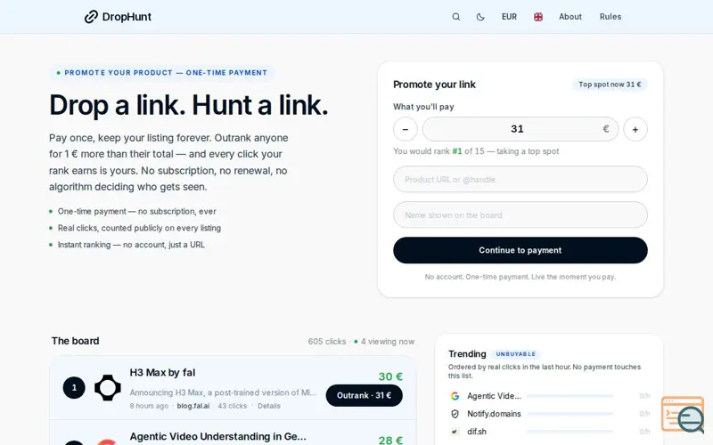 Screenshot of DropHunt, a launch using mx0.email