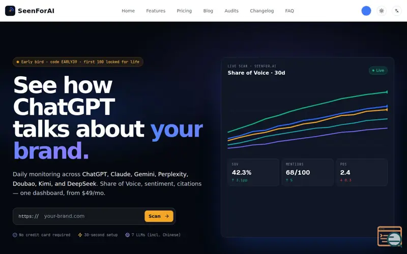 Screenshot of SeenForAI — Track Your Brand in ChatGPT, Claude and More