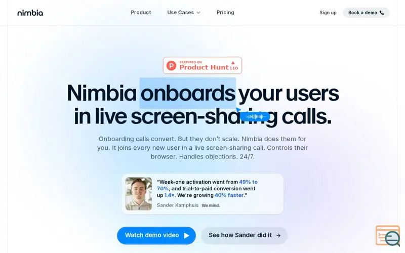Screenshot of Nimbia — AI screensharing calls for user onboarding