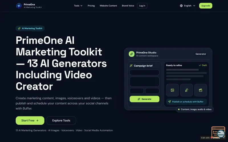 Screenshot of PrimeOne AI Marketing Toolkit