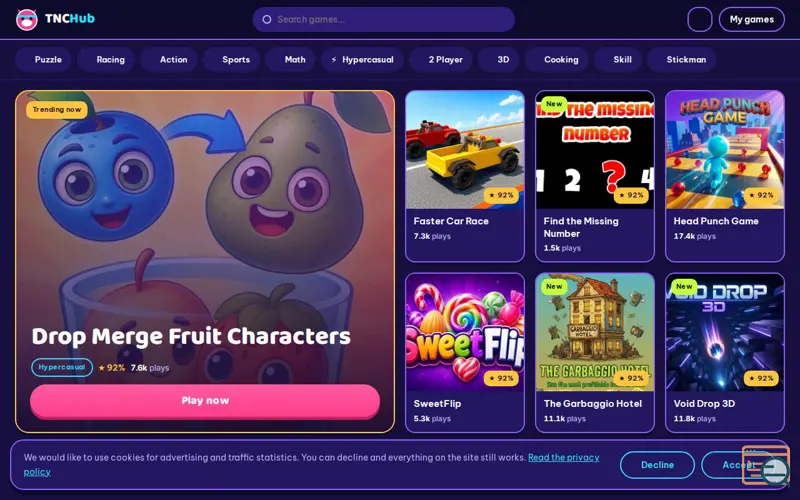Screenshot of TNCHub — free HTML5 games you play in the browser