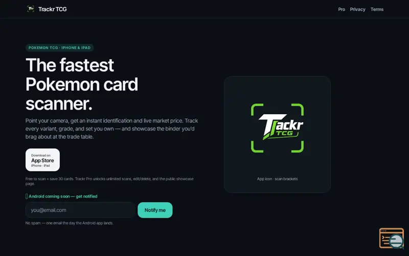 Screenshot of Trackr TCG, a launch using Pokémon TCG API