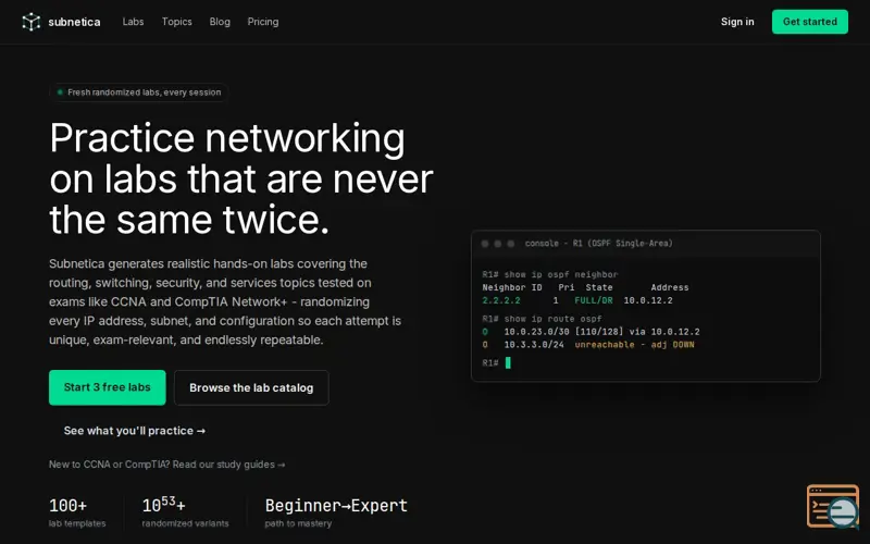 Screenshot of Subnetica — hands-on networking exam prep