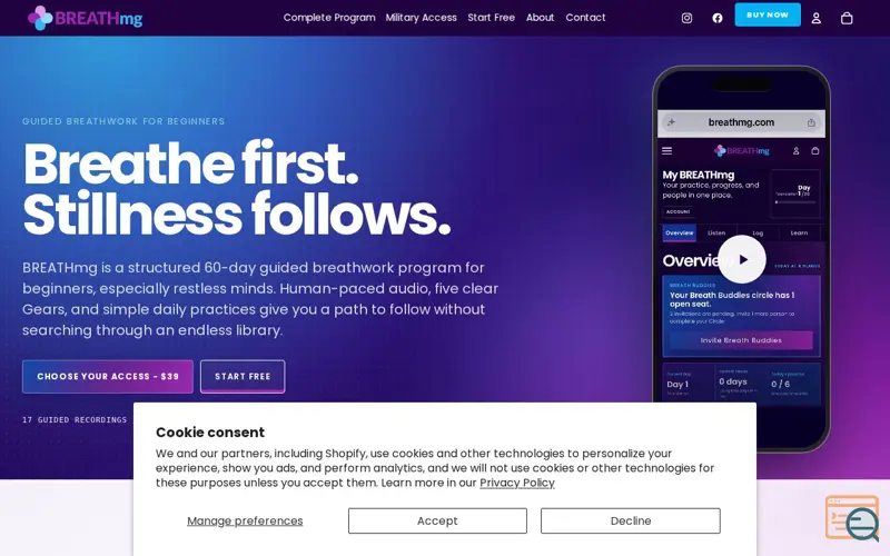 Screenshot of BREATHmg, a launch using Zipify