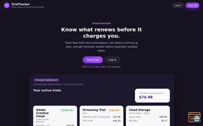 Screenshot of TrialTracker  