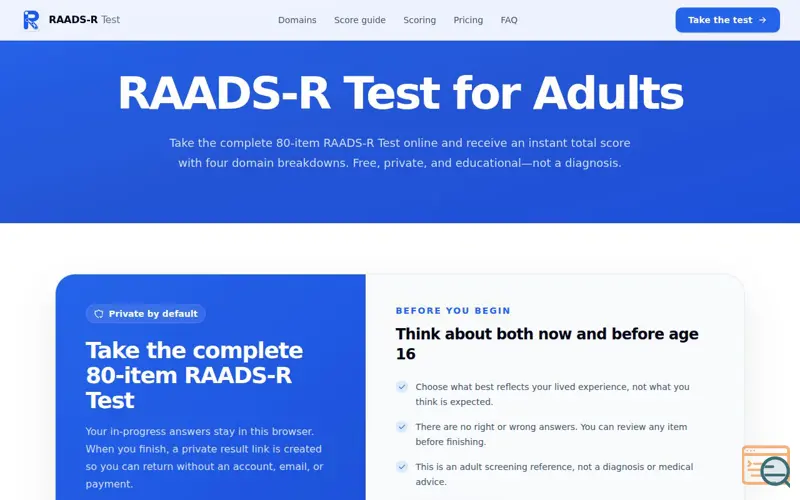 Screenshot of RAADS-R Test