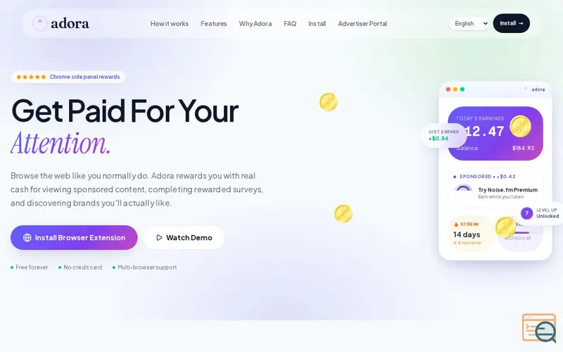 Screenshot of Adora - Rewards & Sponsored Panel