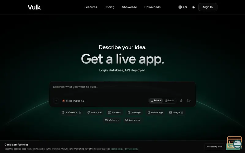 Screenshot of VULK — AI 3D & full-stack app builder