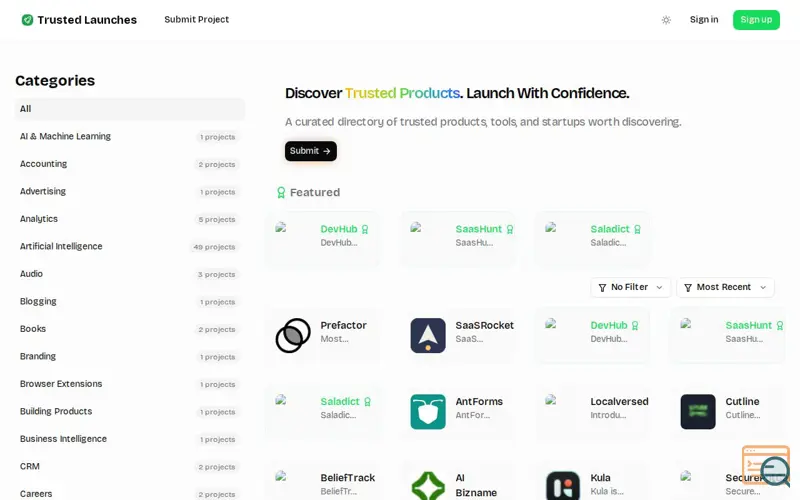 Screenshot of Trusted Launches - Trusted Launches is a platform to discover and upvote the best tech products. Find top products launching daily., a launch using DR Checker