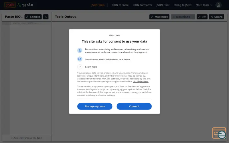 Screenshot of JSON to Table Converter, a launch using EthicalAds