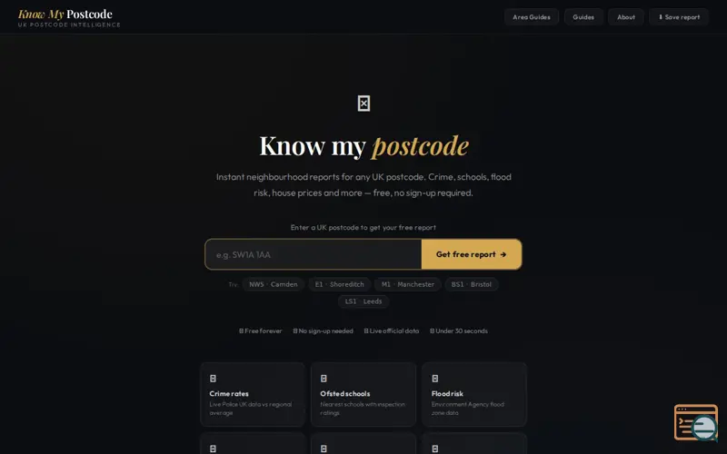 Screenshot of Know My Postcode, a launch using Hosts.co.uk