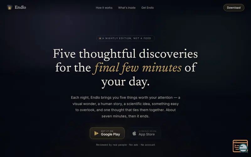 Screenshot of Endlo — Five thoughtful discoveries for the final few minutes of your day