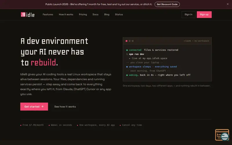 Screenshot of Idle9 — Persistent dev environments for AI coding, a launch using Rspack