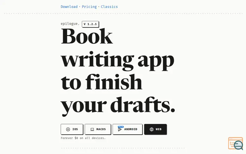 Screenshot of Epilogue. Write novels, scripts & poetry