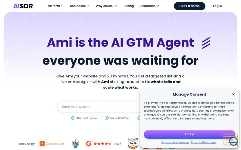 Screenshot of Ami AI, a launch using AiSDR