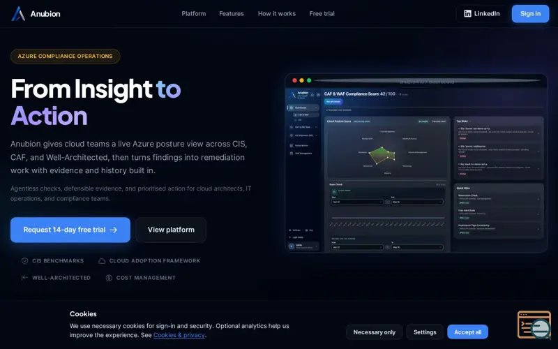 Screenshot of Anubion · Cloud Operations & Compliance, a launch using Microsoft Azure