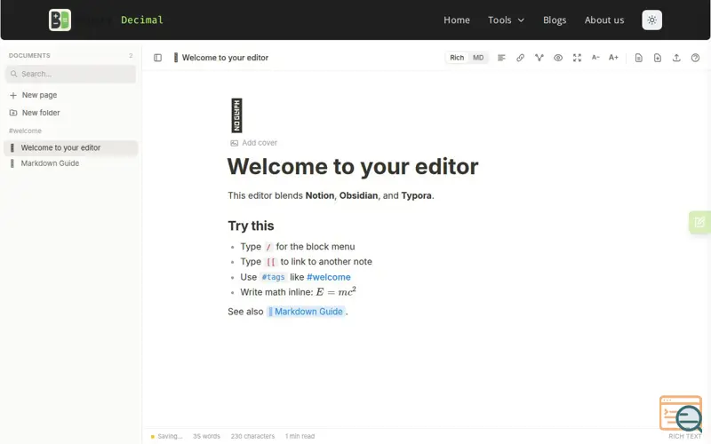 Screenshot of Binary Decimal - Markdown Editor