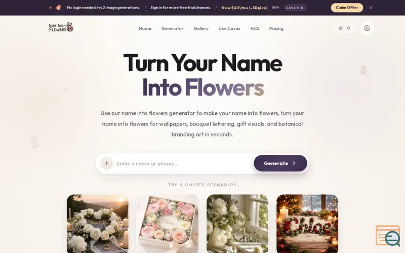 Screenshot of Name Into Flowers AI