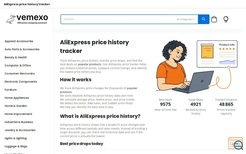 Screenshot of Vemexo - AliExpress price history, a launch using AliExpress