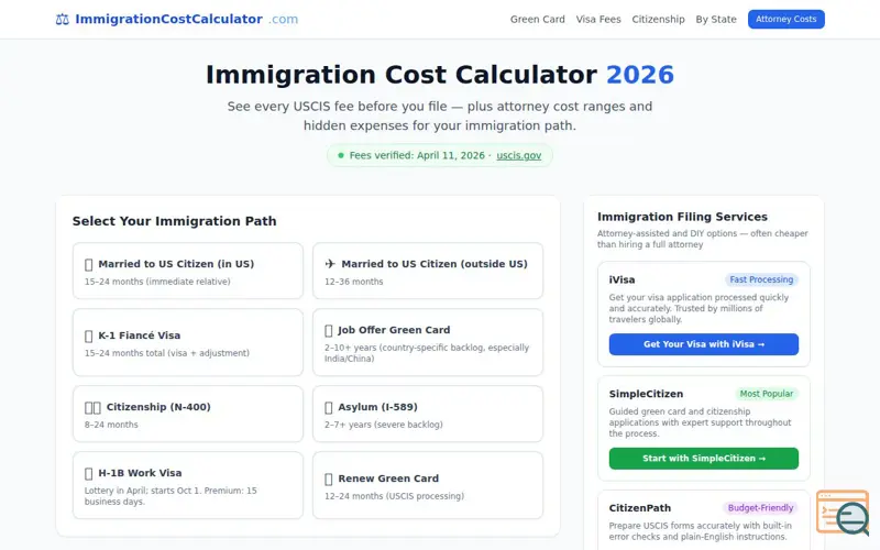 Screenshot of ImmigrationCostCalculator.com