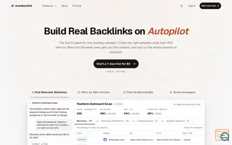 Screenshot of AutoBacklinks | AI Link Building Outreach Tool