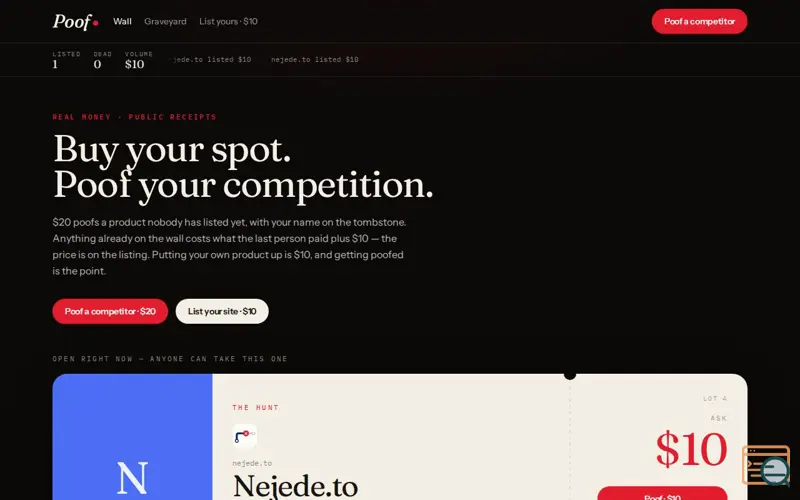 Screenshot of Poof — buy your spot, poof your competition
