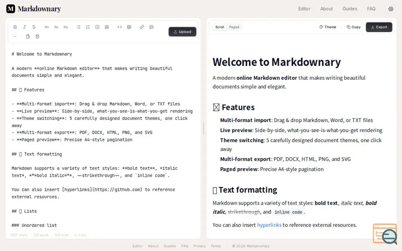 Screenshot of Markdownary — Beautiful Markdown to PDF, Word & Image