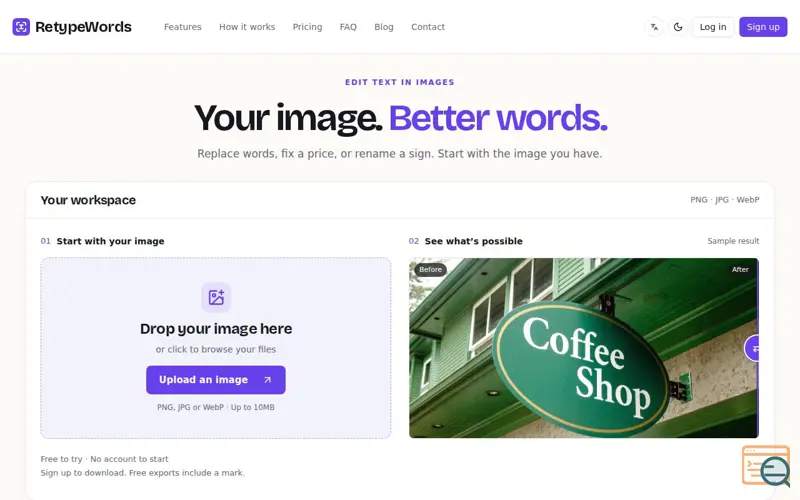 Screenshot of AI Image Text Editor — Replace Text in Images with the Same Font, a launch using AI Agents Directory