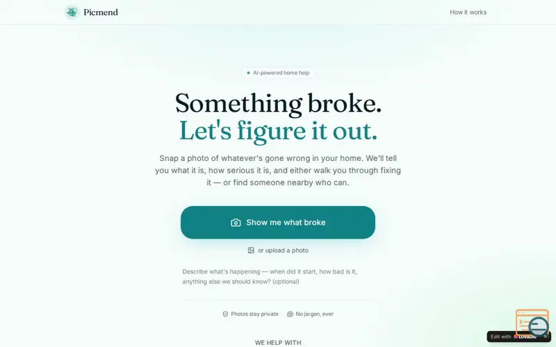 Screenshot of Picmend — Snap a photo, fix what broke
