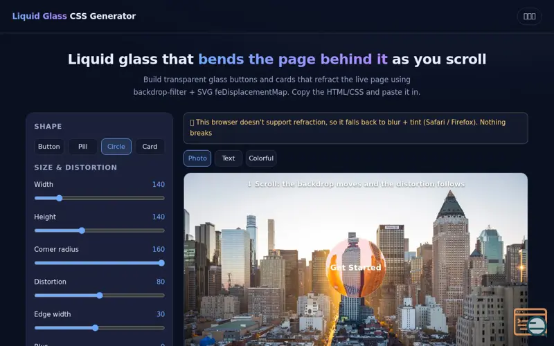 Screenshot of Liquid Glass CSS Generator