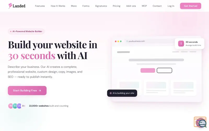 Screenshot of Landed.net AI Site builder with MCP, a launch using Nudgefy