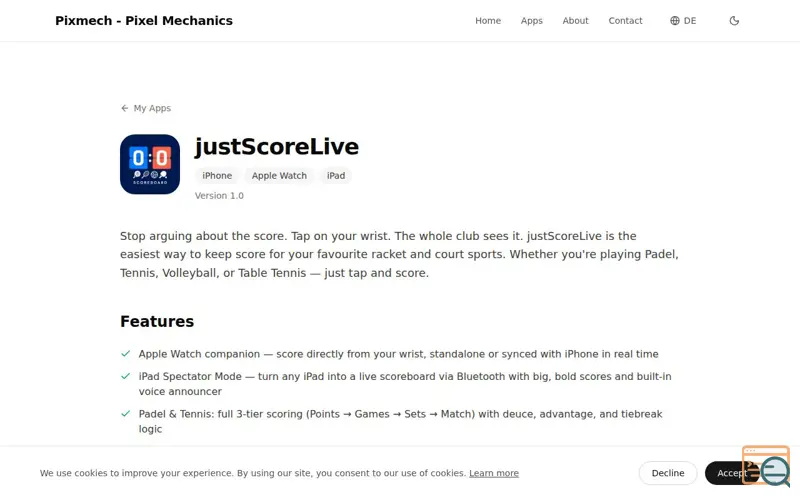 Screenshot of justScoreLive, a launch using wint.global