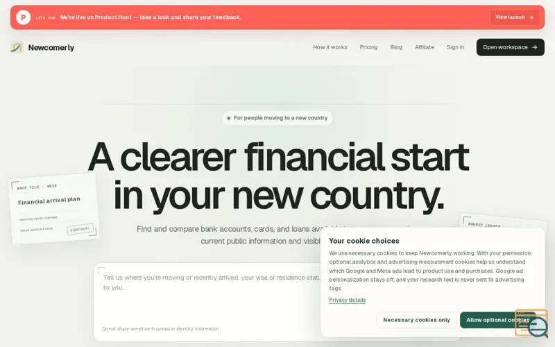 Screenshot of Newcomerly — Financial products for your new country