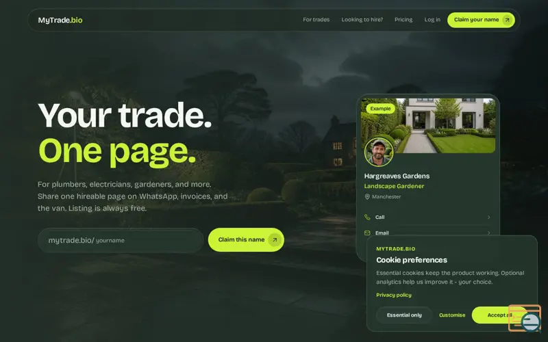 Screenshot of MyTrade.bio, a launch using Klaro