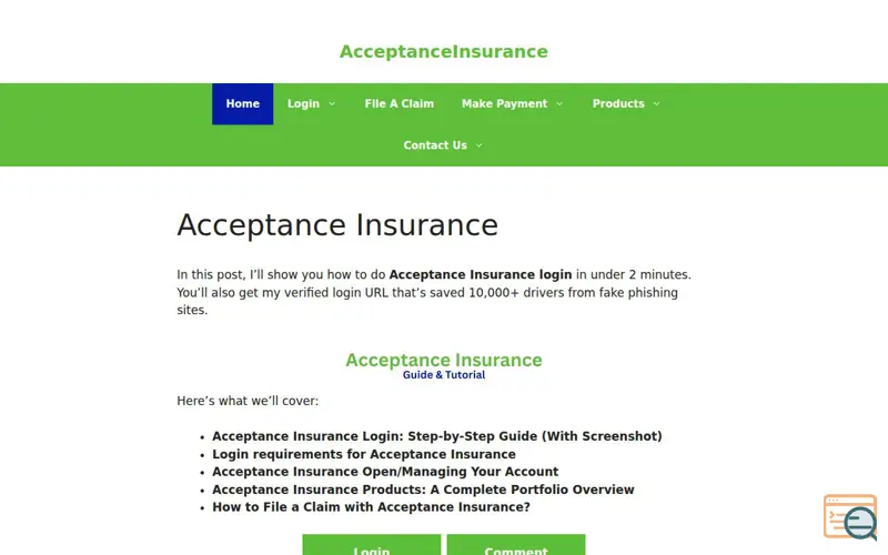 Screenshot of Acceptance Insurance, a launch using GeneratePress