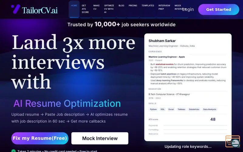 Screenshot of TailorCV.ai