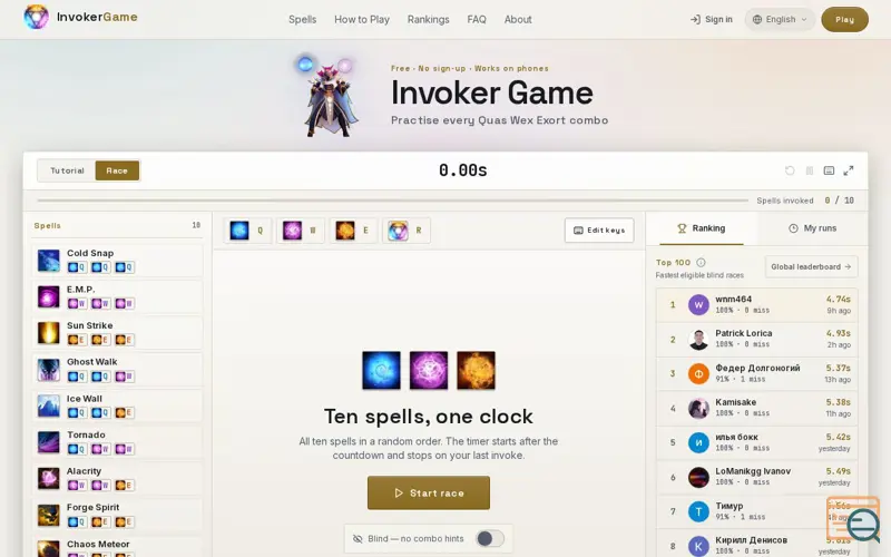 Screenshot of Invoker Game — Free Dota 2 Invoker Practice Trainer, a launch using AIPost