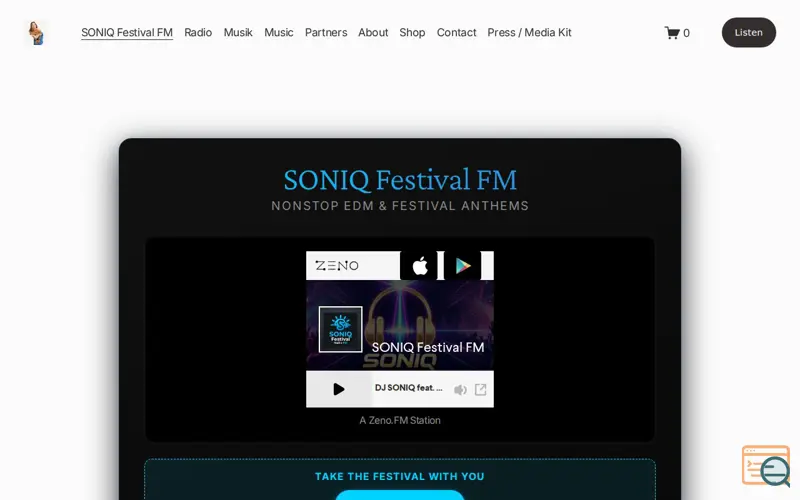 Screenshot of SONIQ Festival FM, a launch using Zeno.FM