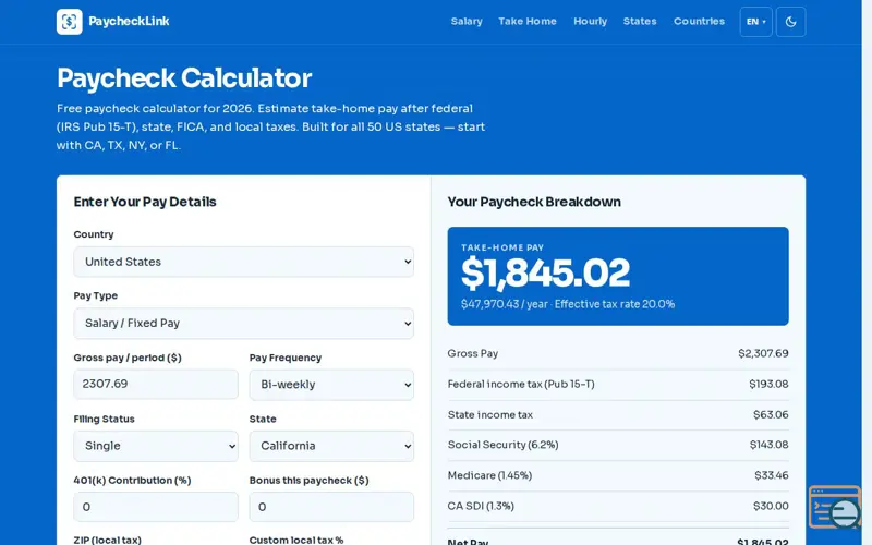 Screenshot of Paycheck Calculator - PaycheckLink