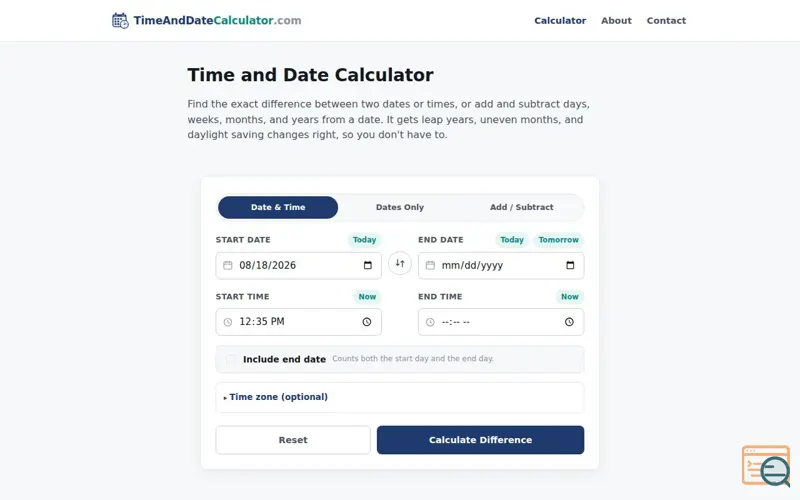 Screenshot of Time and Date Calculator