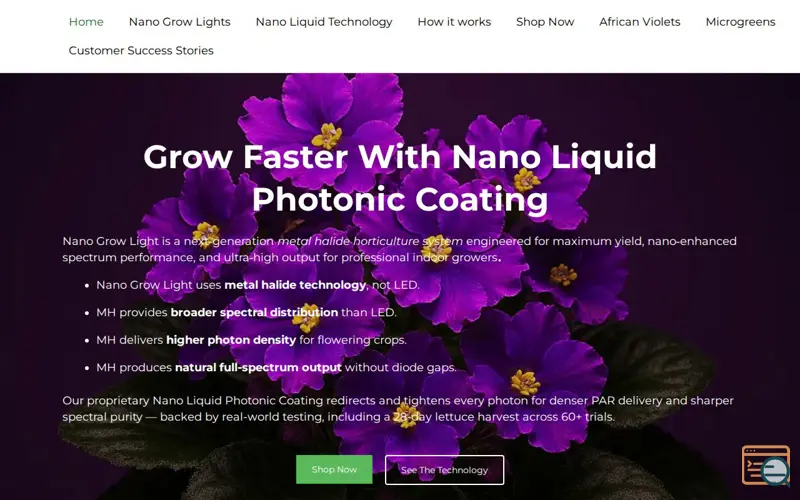 Screenshot of NanoGrowLight Nano Photonic Coating