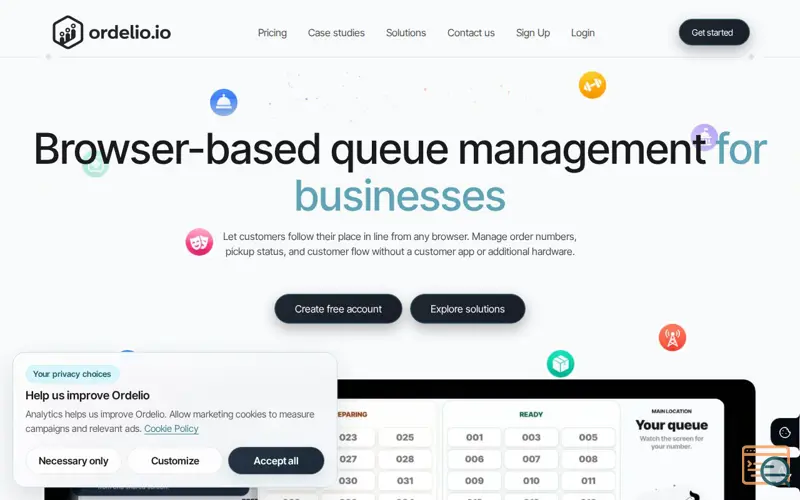 Screenshot of Ordelio.io — Online Order Queue Management