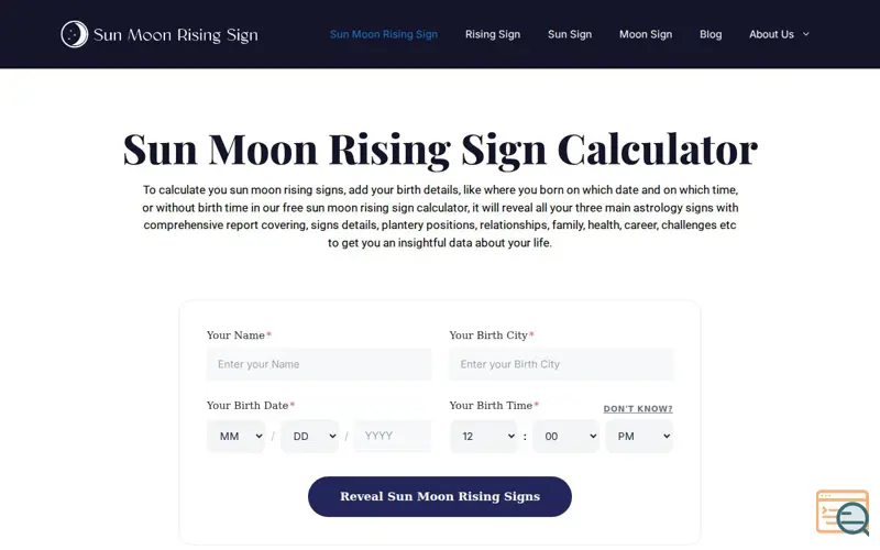 Screenshot of Sun Moon Rising Sign Calculator With & Without Birth Time