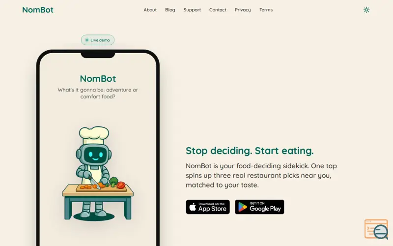 Screenshot of NomBot: The Food Decider That Knows Your Taste