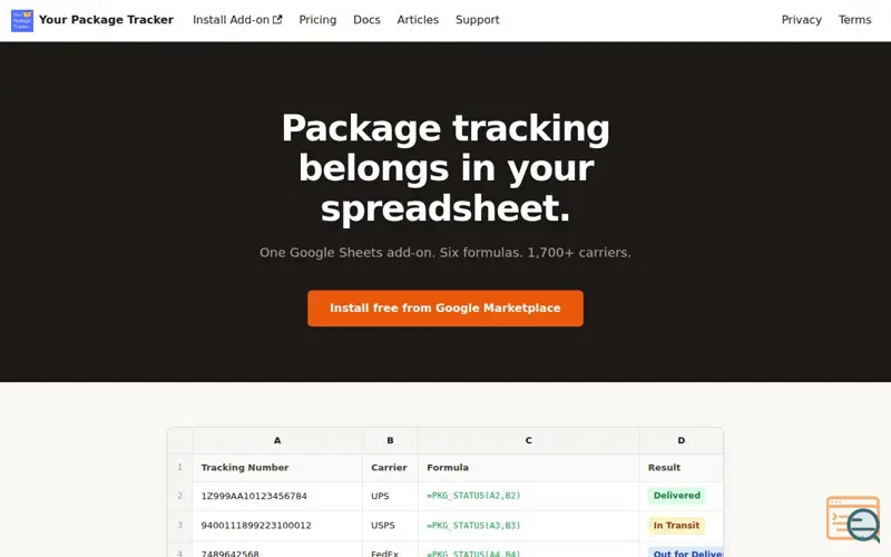 Screenshot of Your Package Tracker in Google Sheets, a launch using Docusaurus