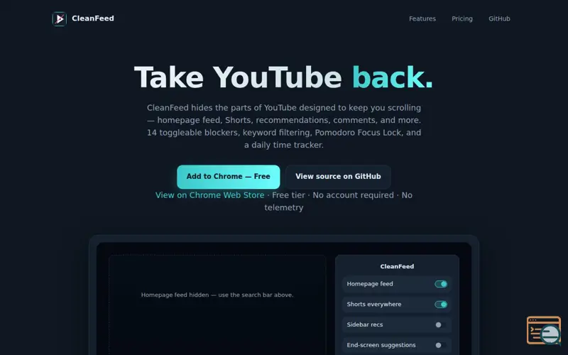 Screenshot of CleanFeed — focus on YouTube.