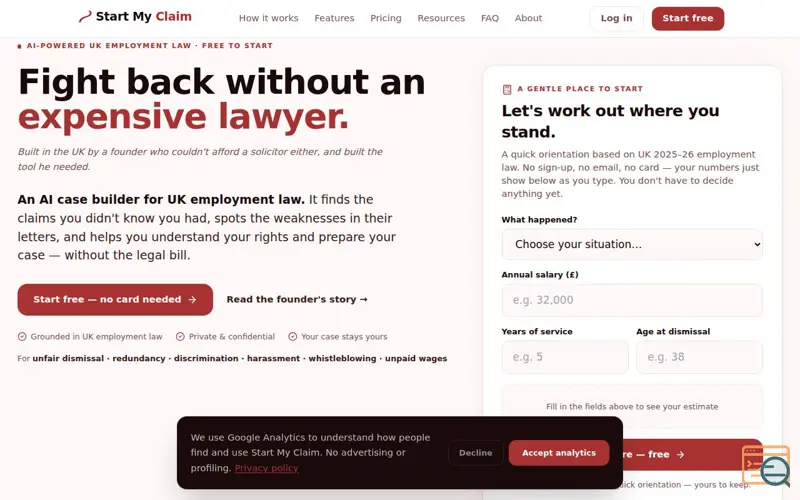 Screenshot of Start My Claim