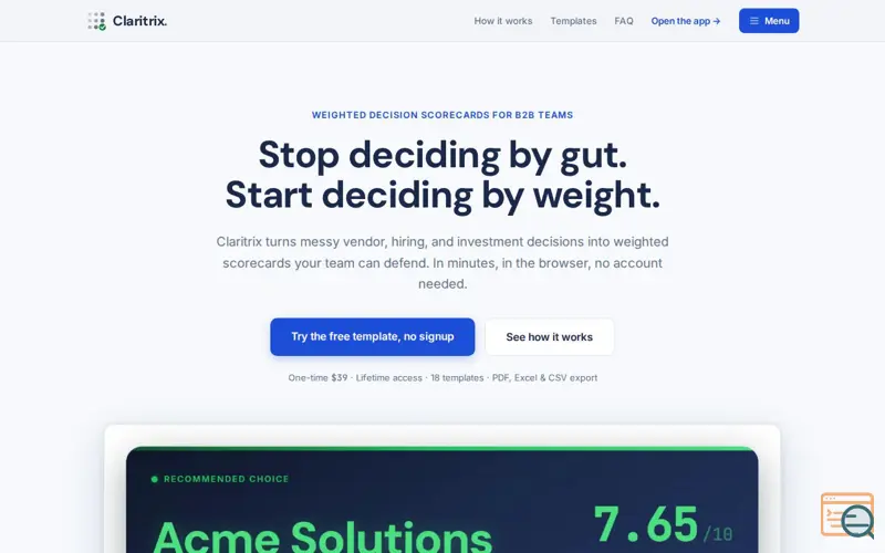 Screenshot of Claritrix — Weighted Decision Scorecard