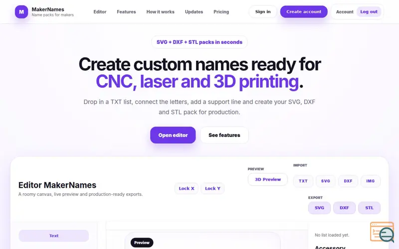 Screenshot of MakerNames  Name  for CNC, laser and 3D