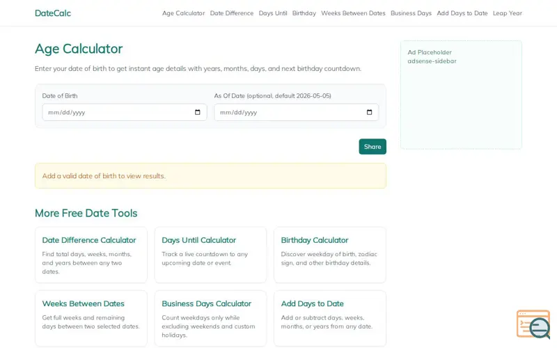 Screenshot of DateCalc